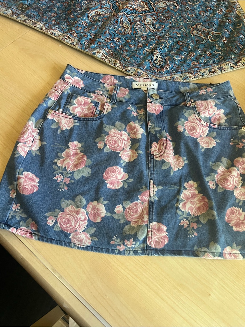Vigoss Blue Denim Mini Skirt with Pink Rose Print